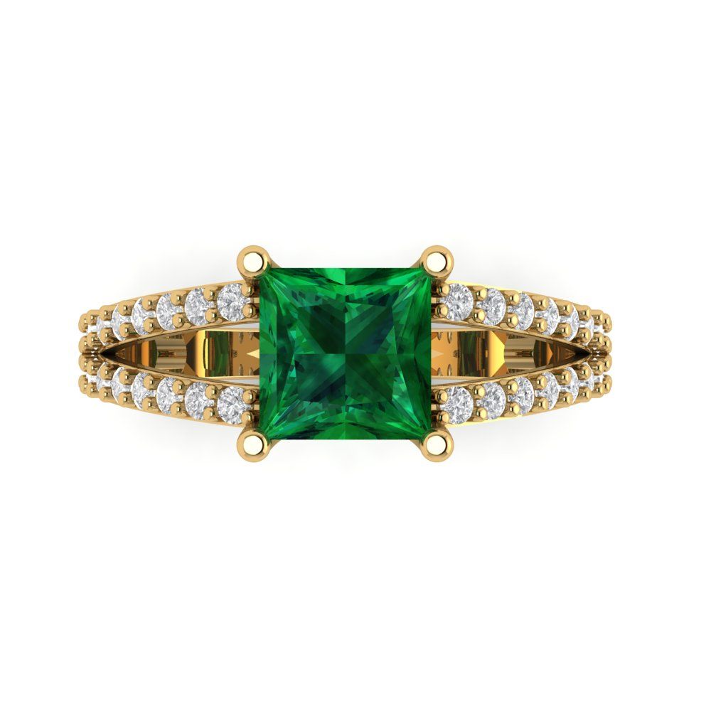 2.48 cttw Simulated Emerald Solitaire with Zirconia Simulated Diamond Accents Engagement Ring - Solid Gold (Princess Cut,7.0mm)