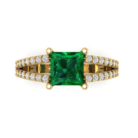 2.48 cttw Simulated Emerald Solitaire with Zirconia Simulated Diamond Accents Engagement Ring - Solid Yellow Gold (VVS1, Princess Cut,7.0mm)