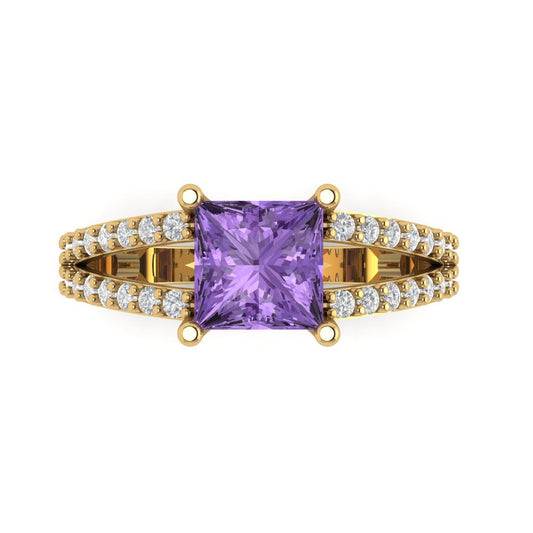 2.48 cttw Simulated Alexandrite Solitaire with Zirconia Simulated Diamond Accents Engagement Ring - Solid Yellow Gold (VVS1, Princess Cut,7.0mm)