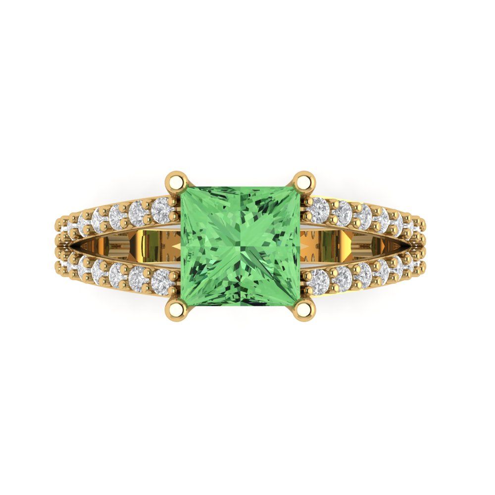 2.48 cttw Zirconia Simulated Green Diamond Solitaire with Zirconia Simulated Diamond Accents Engagement Ring - Solid Gold (VVS1, Princess Cut,7.0mm)