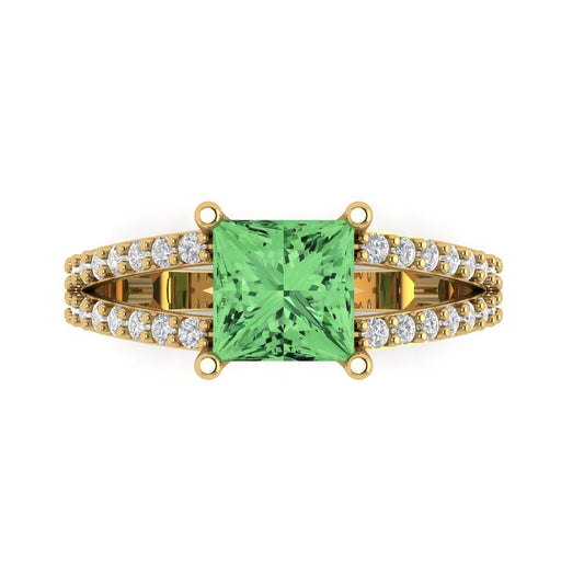 2.48 cttw Zirconia Simulated Green Diamond Solitaire with Zirconia Simulated Diamond Accents Engagement Ring - Solid Yellow Gold (VVS1, Princess Cut,7.0mm)