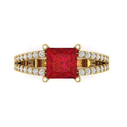 2.48 cttw Simulated Ruby Solitaire with Zirconia Simulated Diamond Accents Engagement Ring - Solid Gold (Princess Cut,7.0mm)