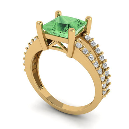 2.48 cttw Zirconia Simulated Green Diamond Solitaire with Zirconia Simulated Diamond Accents Engagement Ring - Solid Gold (VVS1, Princess Cut,7.0mm)