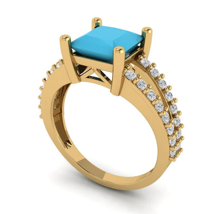 2.48 cttw Simulated Turquoise Solitaire with Zirconia Simulated Diamond Accents Engagement Ring - Solid Gold (Princess Cut,7.0mm)