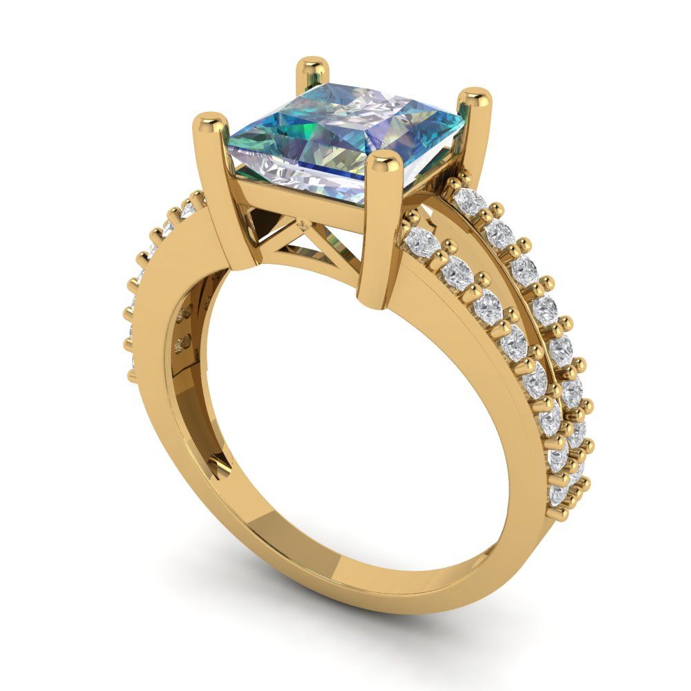 2.48 cttw Blue Moissanite Solitaire with Zirconia Simulated Diamond Accents Engagement Ring - Solid Gold (Princess Cut,7.0mm)