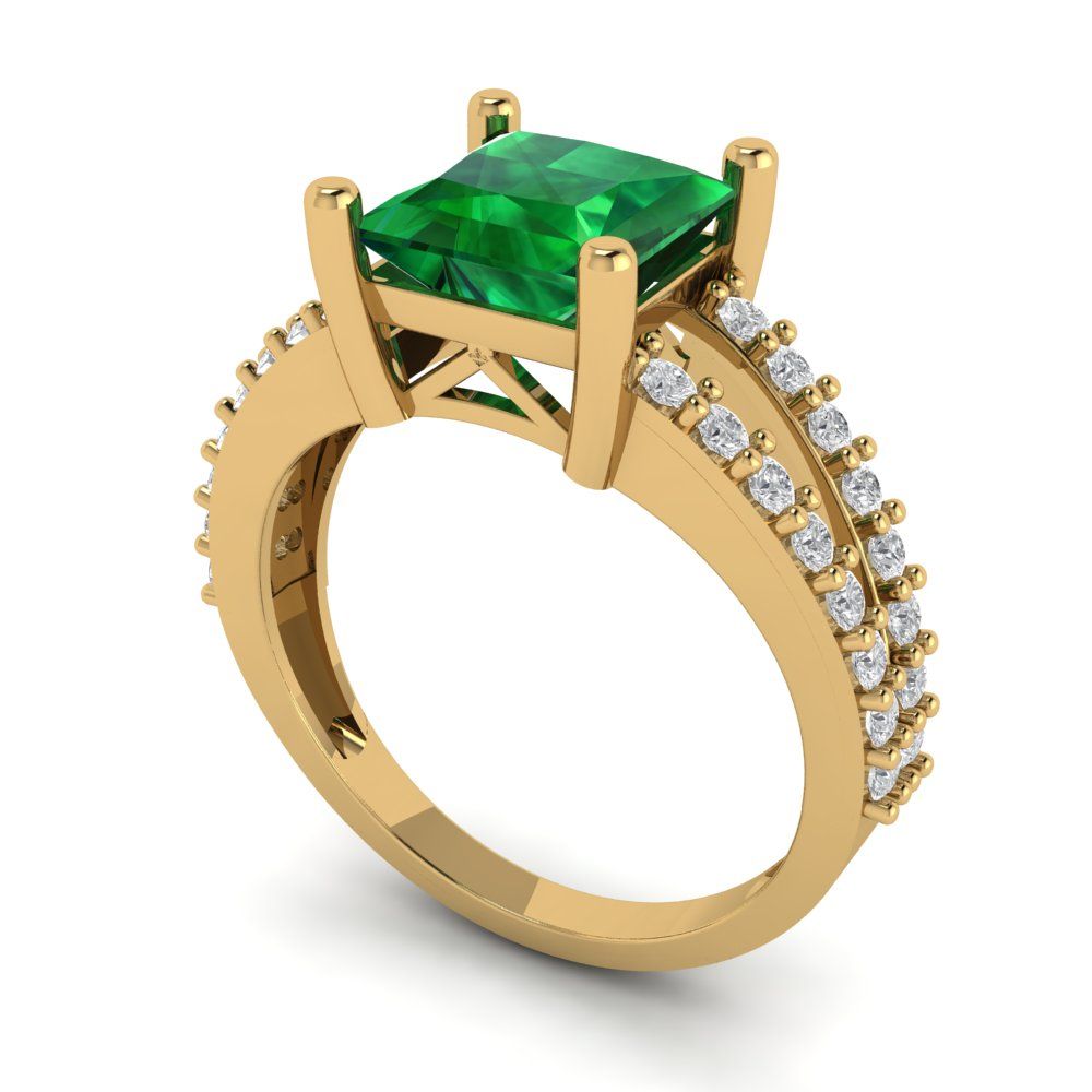 2.48 cttw Simulated Emerald Solitaire with Zirconia Simulated Diamond Accents Engagement Ring - Solid Gold (Princess Cut,7.0mm)