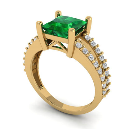 2.48 cttw Simulated Emerald Solitaire with Zirconia Simulated Diamond Accents Engagement Ring - Solid Gold (Princess Cut,7.0mm)