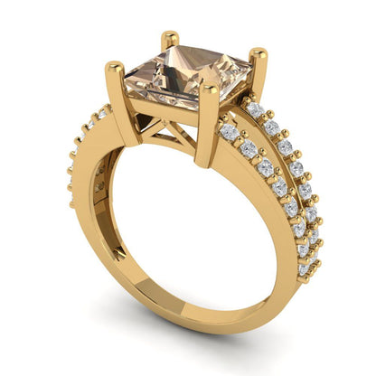 2.48 cttw Yellow Moissanite Solitaire with Zirconia Simulated Diamond Accents Engagement Ring - Solid Gold (Princess Cut,7.0mm)