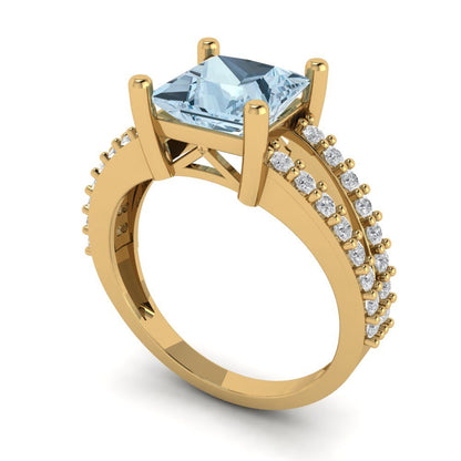 2.48 cttw Natural Swiss Blue Topaz Solitaire with Zirconia Simulated Diamond Accents Engagement Ring - Solid Gold (Princess Cut,7.0mm)