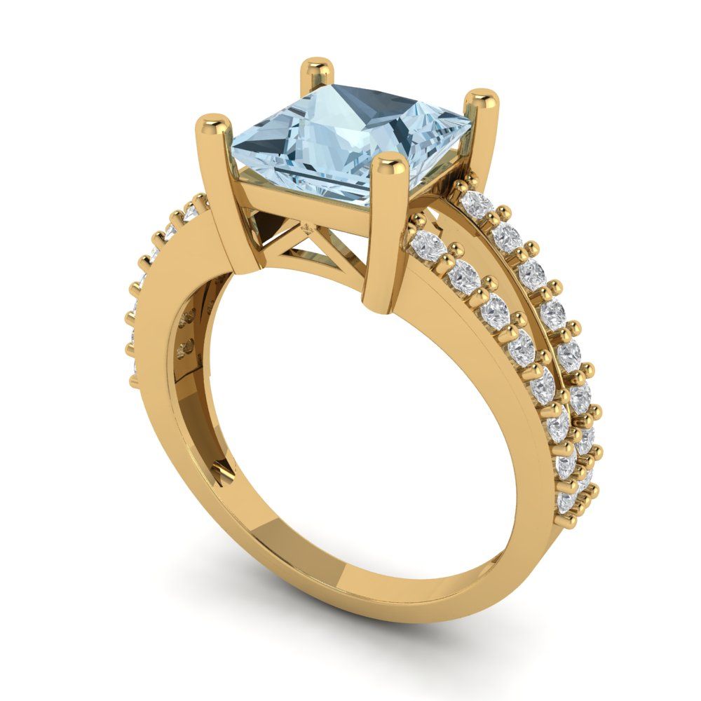 2.48 cttw Zirconia Simulated Blue Diamond Solitaire with Zirconia Simulated Diamond Accents Engagement Ring - Solid Gold (VVS1, Princess Cut,7.0mm)