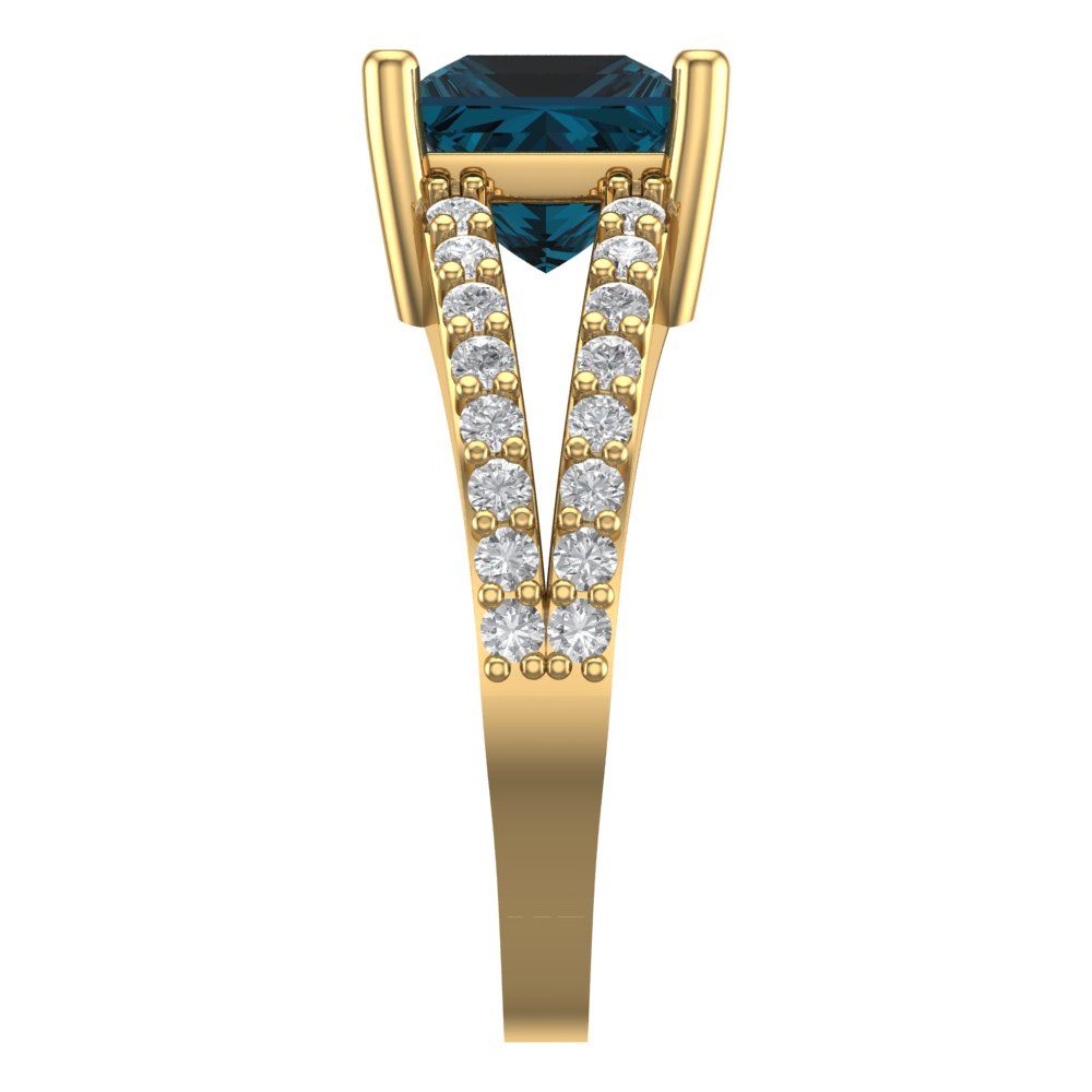 2.48 cttw Natural London Blue Topaz Solitaire with Zirconia Simulated Diamond Accents Engagement Ring - Solid Gold (Princess Cut,7.0mm)