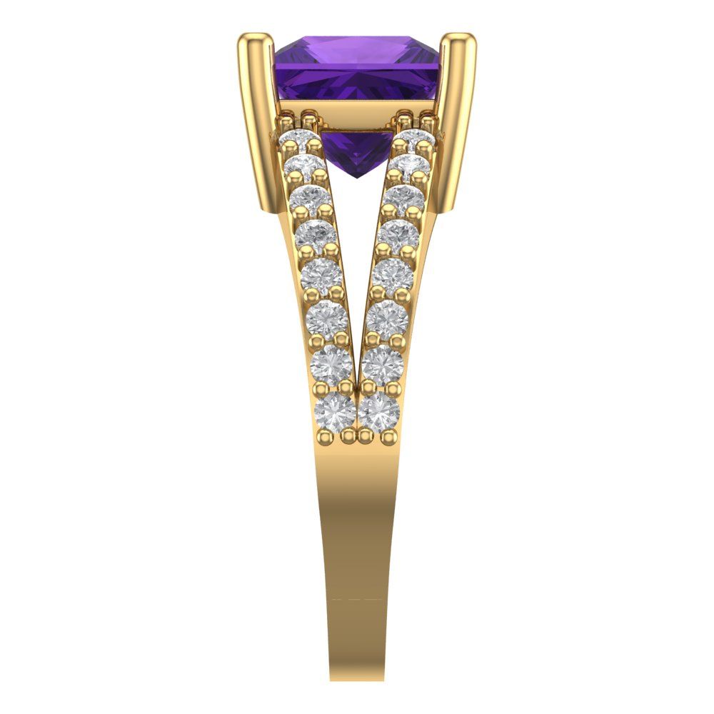 2.48 cttw Natural Amethyst Solitaire with Zirconia Simulated Diamond Accents Engagement Ring - Solid Gold (Princess Cut,7.0mm)