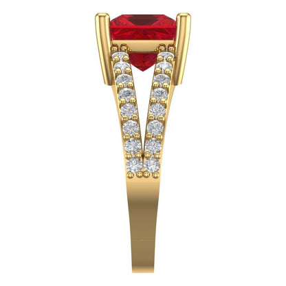 2.48 cttw Simulated Ruby Solitaire with Zirconia Simulated Diamond Accents Engagement Ring - Solid Gold (Princess Cut,7.0mm)