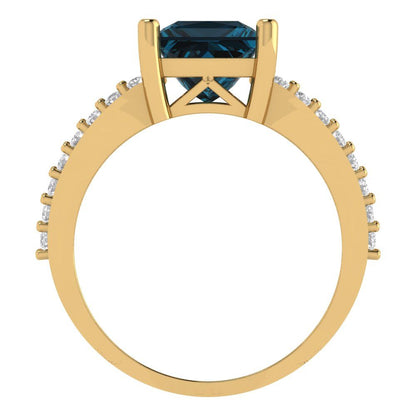 2.48 cttw Natural London Blue Topaz Solitaire with Zirconia Simulated Diamond Accents Engagement Ring - Solid Gold (Princess Cut,7.0mm)