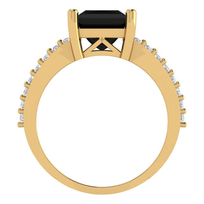 2.48 cttw Natural Onyx Solitaire with Zirconia Simulated Diamond Accents Engagement Ring - Solid Gold (Princess Cut,7.0mm)