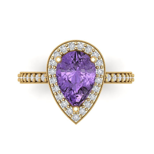 2.36 cttw Simulated Alexandrite Hidden Halo Engagement Ring - Solid Yellow Gold (VVS1, Pear Cut,10x7mm)