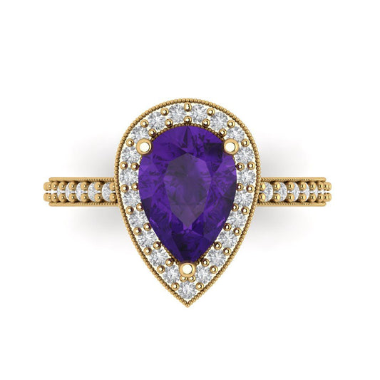 2.36 cttw Natural Amethyst Hidden Halo Engagement Ring - Solid Yellow Gold (VVS1, Pear Cut,10x7mm)