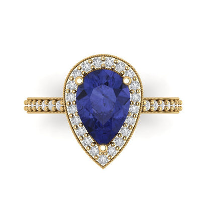 2.36 cttw Simulated Tanzanite Hidden Halo Engagement Ring - Solid Gold (Pear Cut,10x7mm)