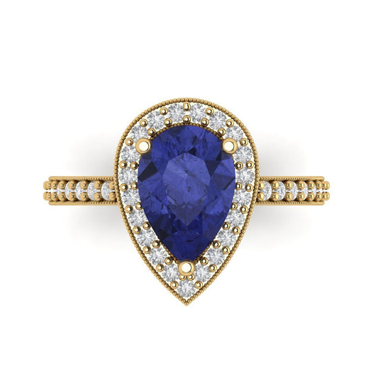 2.36 cttw Simulated Tanzanite Hidden Halo Engagement Ring - Solid Yellow Gold (VVS1, Pear Cut,10x7mm)