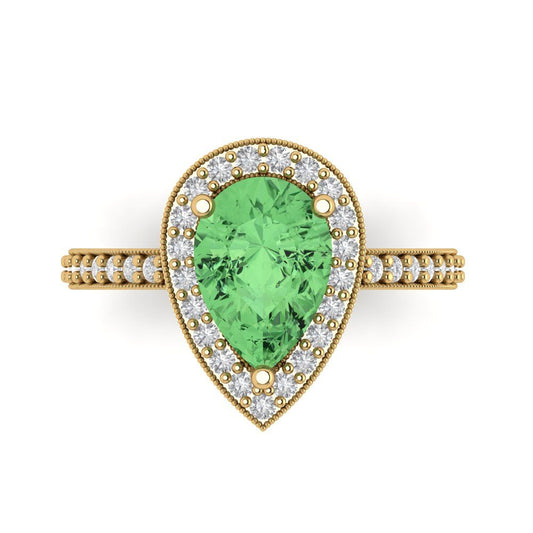 2.36 cttw Zirconia Simulated Green Diamond Hidden Halo Engagement Ring - Solid Yellow Gold (VVS1, Pear Cut,10x7mm)