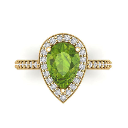 2.36 cttw Natural Peridot Hidden Halo Engagement Ring - Solid Gold (Pear Cut,10x7mm)