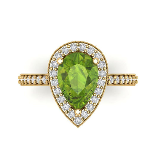 2.36 cttw Natural Peridot Hidden Halo Engagement Ring - Solid Yellow Gold (VVS1, Pear Cut,10x7mm)