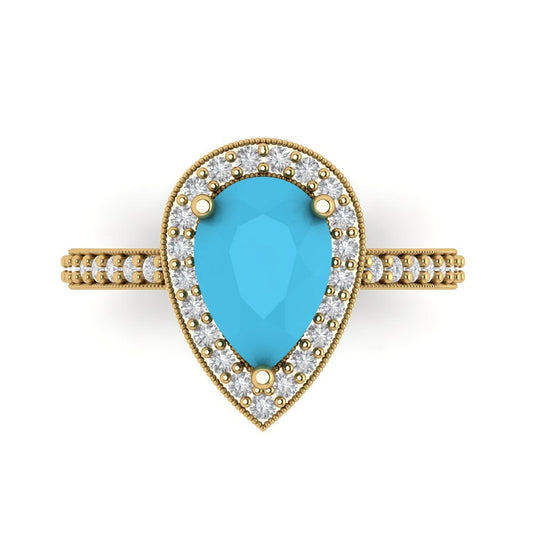 2.36 cttw Simulated Turquoise Hidden Halo Engagement Ring - Solid Yellow Gold (VVS1, Pear Cut,10x7mm)