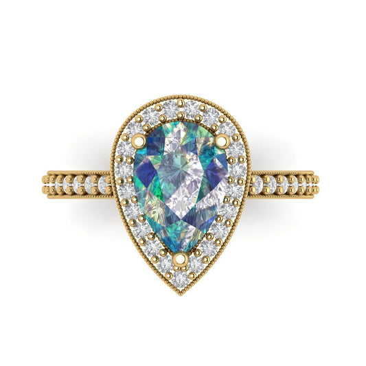 2.36 cttw Blue Moissanite Hidden Halo Engagement Ring - Solid Yellow Gold (VVS1, Pear Cut,10x7mm)