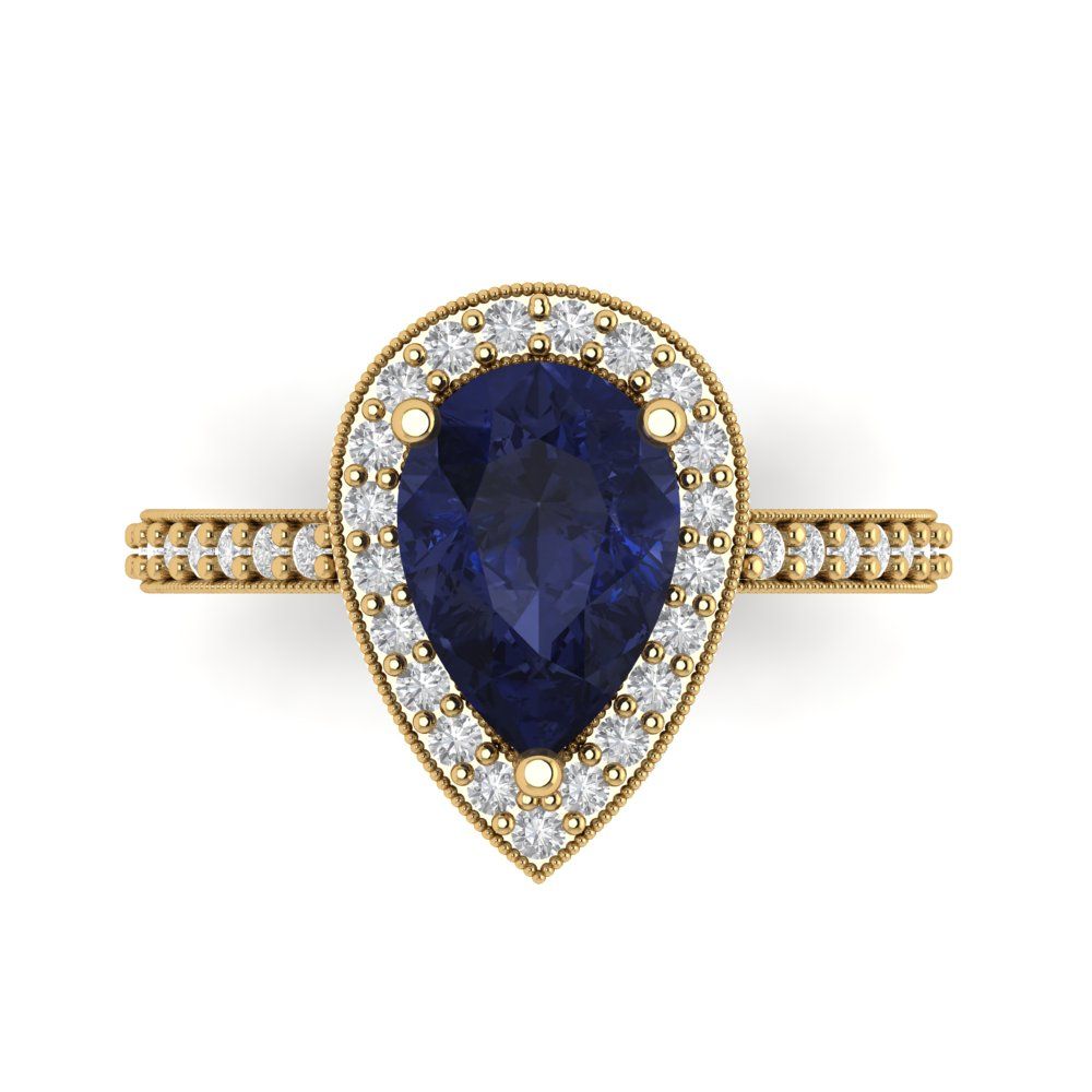 2.36 cttw Simulated Blue Sapphire Hidden Halo Engagement Ring - Solid Gold (Pear Cut,10x7mm)