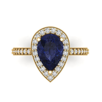 2.36 cttw Simulated Blue Sapphire Hidden Halo Engagement Ring - Solid Gold (Pear Cut,10x7mm)