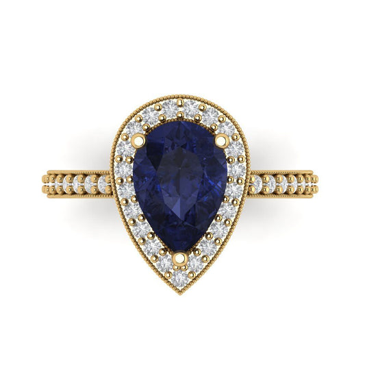 2.36 cttw Simulated Blue Sapphire Hidden Halo Engagement Ring - Solid Yellow Gold (VVS1, Pear Cut,10x7mm)