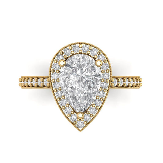 2.36 cttw Moissanite Hidden Halo Engagement Ring - Solid Yellow Gold (VVS1, Pear Cut,10x7mm)