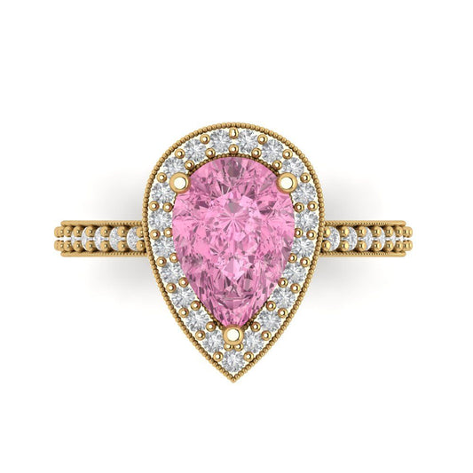 2.36 cttw Zirconia Simulated Pink Diamond Hidden Halo Engagement Ring - Solid Yellow Gold (VVS1, Pear Cut,10x7mm)