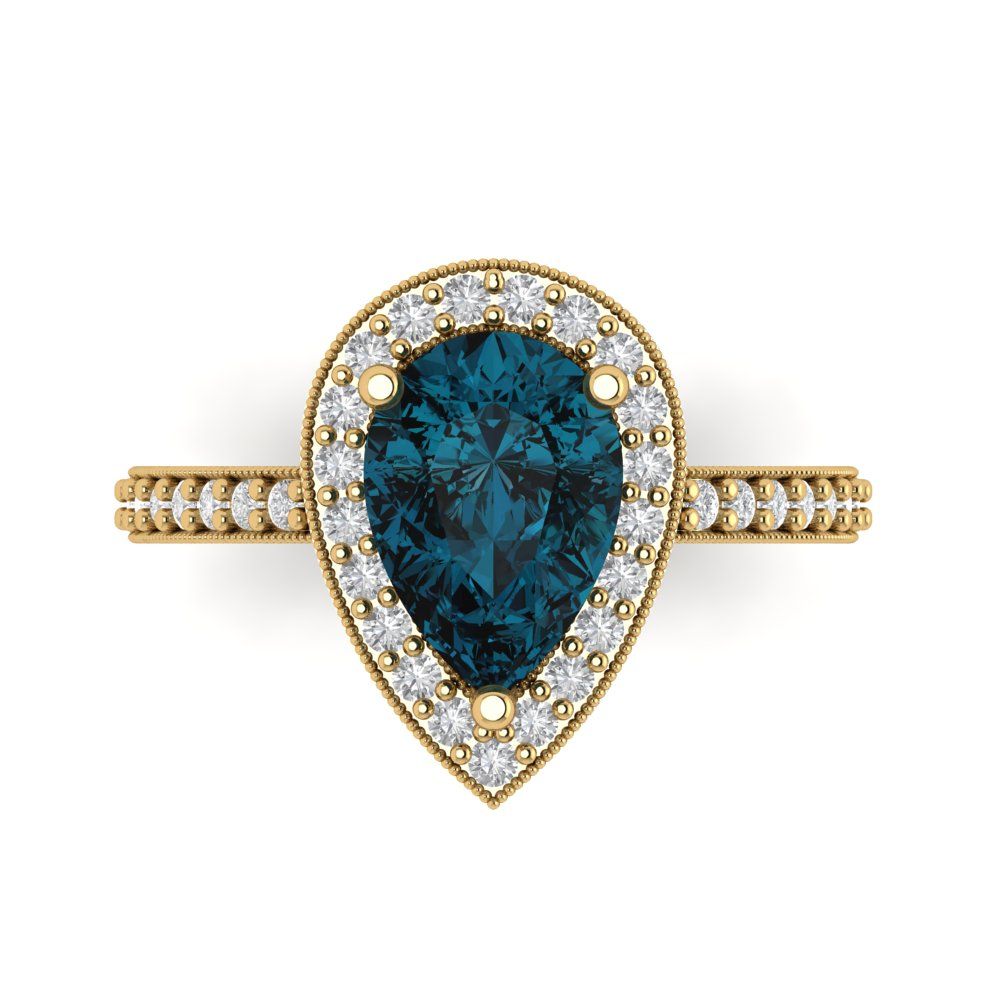 2.36 cttw Natural London Blue Topaz Hidden Halo Engagement Ring - Solid Gold (Pear Cut,10x7mm)