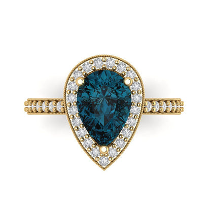 2.36 cttw Natural London Blue Topaz Hidden Halo Engagement Ring - Solid Gold (Pear Cut,10x7mm)