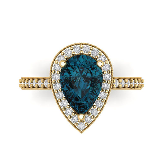 2.36 cttw Natural London Blue Topaz Hidden Halo Engagement Ring - Solid Yellow Gold (VVS1, Pear Cut,10x7mm)