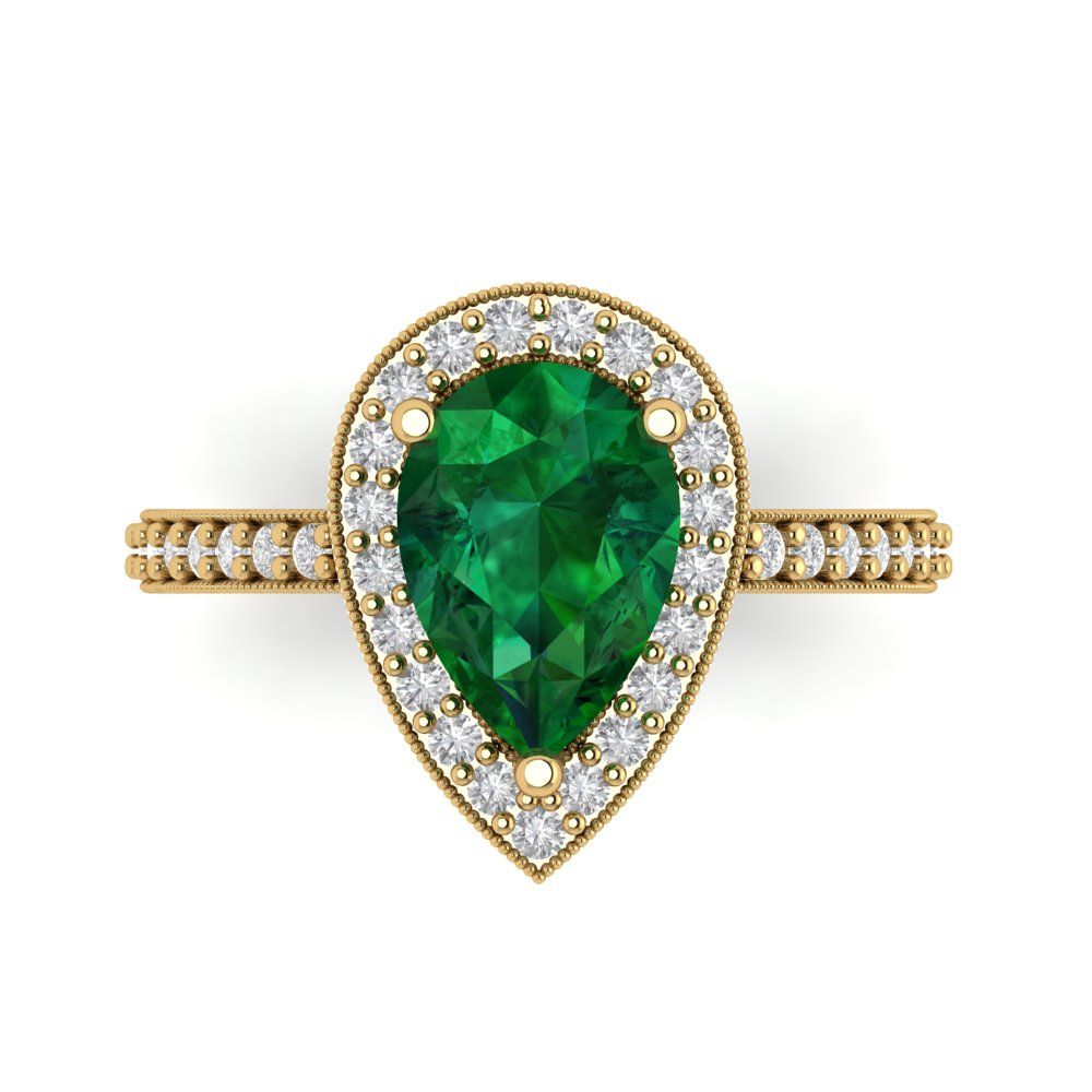 2.36 cttw Simulated Emerald Hidden Halo Engagement Ring - Solid Gold (Pear Cut,10x7mm)