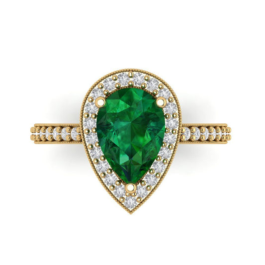 2.36 cttw Simulated Emerald Hidden Halo Engagement Ring - Solid Yellow Gold (VVS1, Pear Cut,10x7mm)
