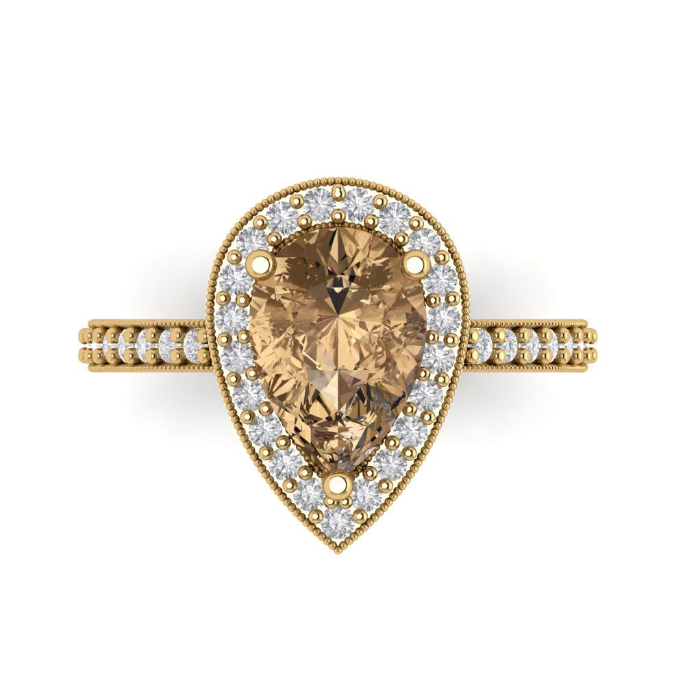 2.36 cttw Zirconia Simulated Champagne Diamond Hidden Halo Engagement Ring - Solid Gold (VVS1, Pear Cut,10x7mm)