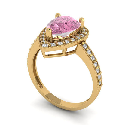 2.36 cttw Zirconia Simulated Pink Diamond Hidden Halo Engagement Ring - Solid Gold (VVS1, Pear Cut,10x7mm)