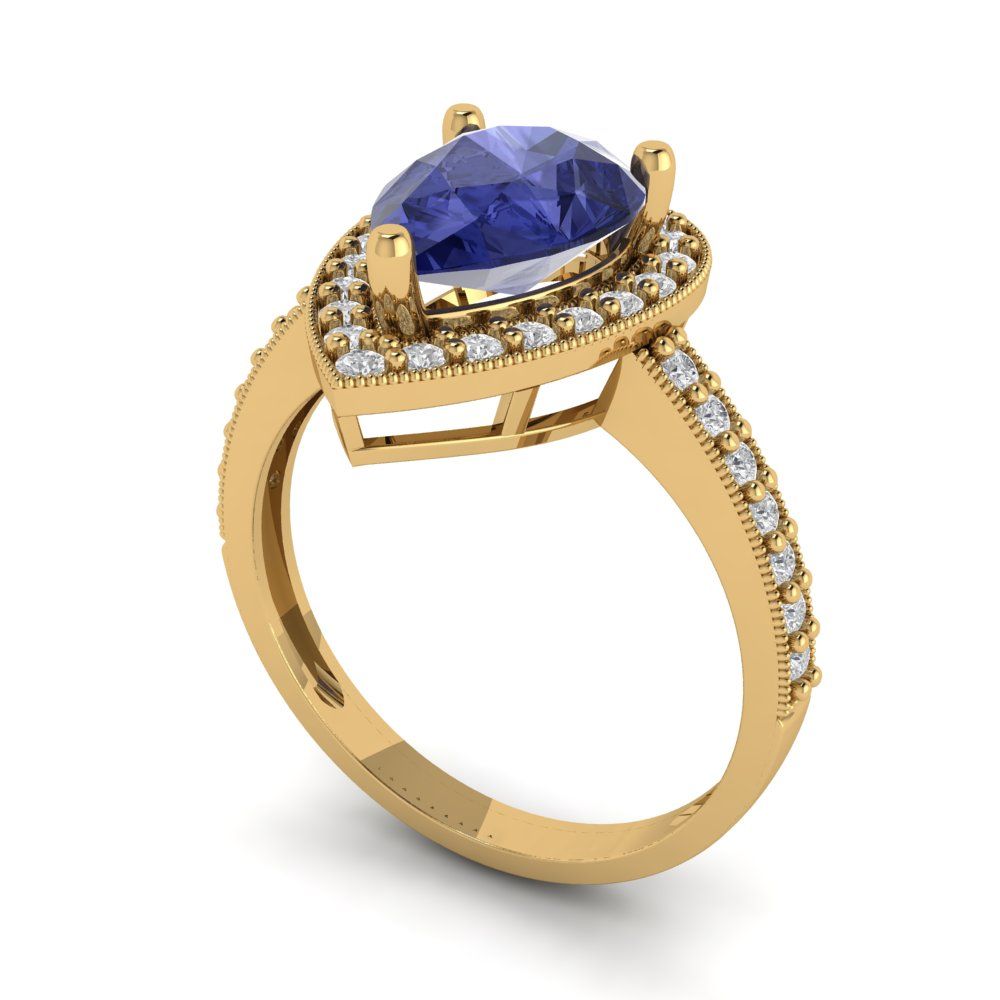 2.36 cttw Simulated Tanzanite Hidden Halo Engagement Ring - Solid Gold (Pear Cut,10x7mm)