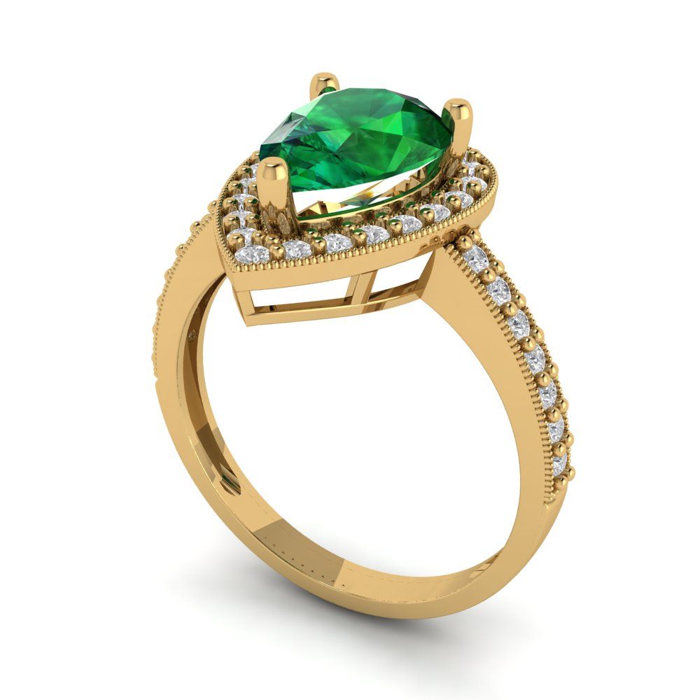 2.36 cttw Simulated Emerald Hidden Halo Engagement Ring - Solid Gold (Pear Cut,10x7mm)