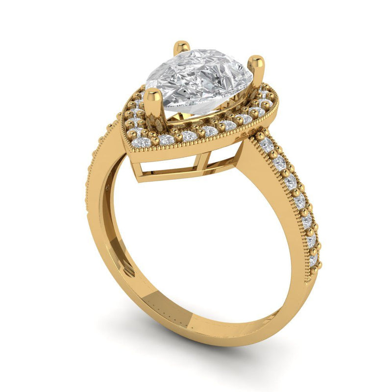 2.1 ct Brilliant Pear Cut Natural Diamond Stone Clarity SI1-2 Color I-J Yellow Gold Halo Solitaire with Accents Ring