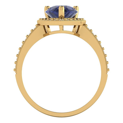 2.36 cttw Simulated Blue Sapphire Hidden Halo Engagement Ring - Solid Gold (Pear Cut,10x7mm)