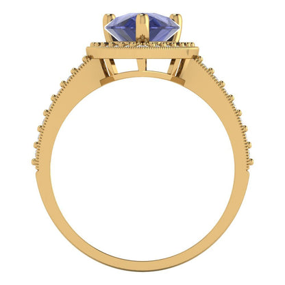 2.36 cttw Simulated Tanzanite Hidden Halo Engagement Ring - Solid Gold (Pear Cut,10x7mm)
