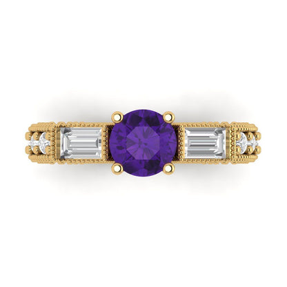 2.33 cttw Natural Amethyst Three-Stone Engagement Ring - Solid Gold (Round Cut,6.5mm)