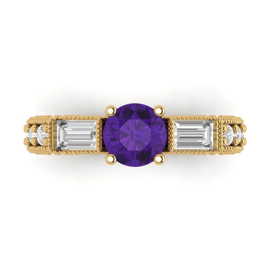 2.33 cttw Natural Amethyst Three-Stone Engagement Ring - Solid Yellow Gold (VVS1, Round Cut,6.5mm)