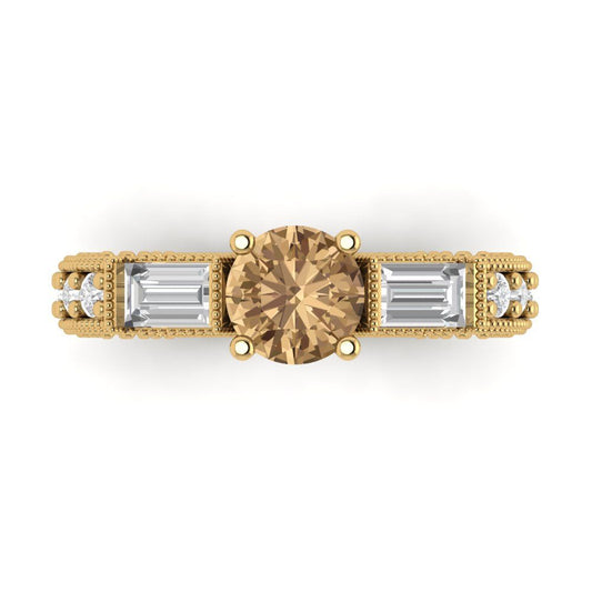 2.33 cttw Zirconia Simulated Champagne Diamond Three-Stone Engagement Ring - Solid Yellow Gold (VVS1, Round Cut,6.5mm)