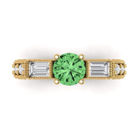 2.33 cttw Zirconia Simulated Green Diamond Three-Stone Engagement Ring - Solid Yellow Gold (VVS1, Round Cut,6.5mm)