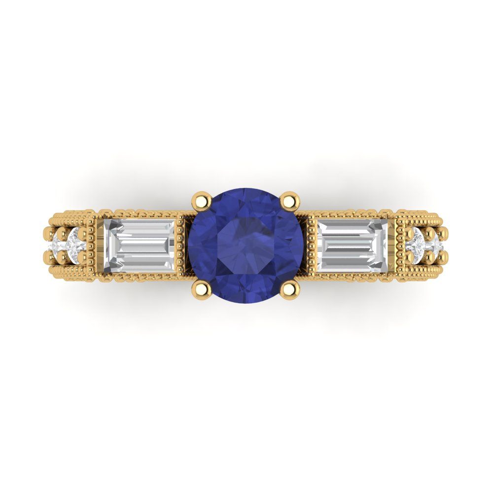 2.33 cttw Simulated Tanzanite Three-Stone Engagement Ring - Solid Yellow Gold (VVS1, Round Cut,6.5mm)